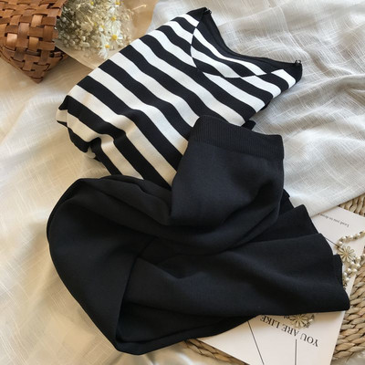 Tricotat de vară pentru femei, cu decolteu în V, cu cusături în dungi, pulover + talie elastică, pantaloni cu picioare largi Set două piese femei