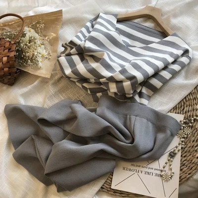 Tricotat de vară pentru femei, cu decolteu în V, cu cusături în dungi, pulover + talie elastică, pantaloni cu picioare largi Set două piese femei