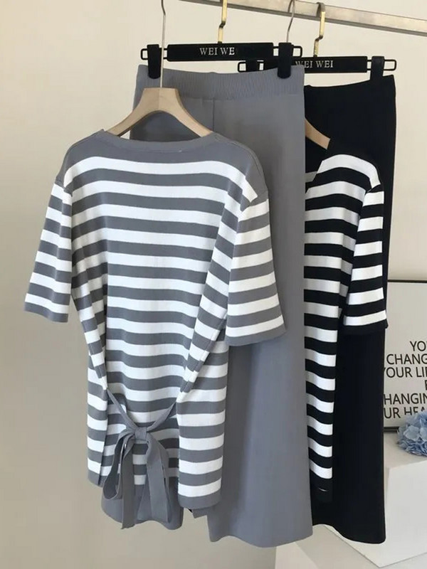 Tricotat de vară pentru femei, cu decolteu în V, cu cusături în dungi, pulover + talie elastică, pantaloni cu picioare largi Set două piese femei