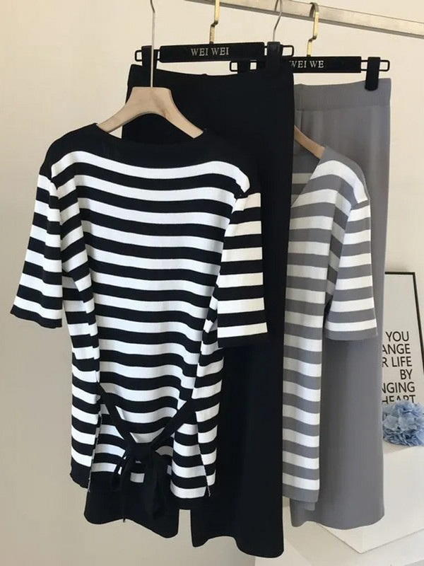 Tricotat de vară pentru femei, cu decolteu în V, cu cusături în dungi, pulover + talie elastică, pantaloni cu picioare largi Set două piese femei