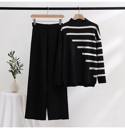 Tricotat Două Piese Femei Seturi Mâneci Lungi Loungewear Trening Tricotat Femei Set Două Piese Set 2 Piese Cu dungi Albe Tinuta Femei