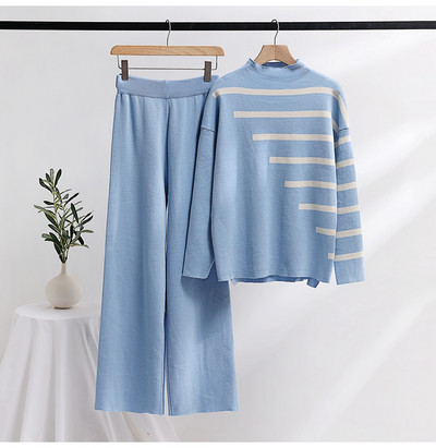 Tricotat Două Piese Femei Seturi Mâneci Lungi Loungewear Trening Tricotat Femei Set Două Piese Set 2 Piese Cu dungi Albe Tinuta Femei