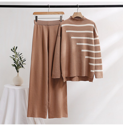 Tricotat Două Piese Femei Seturi Mâneci Lungi Loungewear Trening Tricotat Femei Set Două Piese Set 2 Piese Cu dungi Albe Tinuta Femei