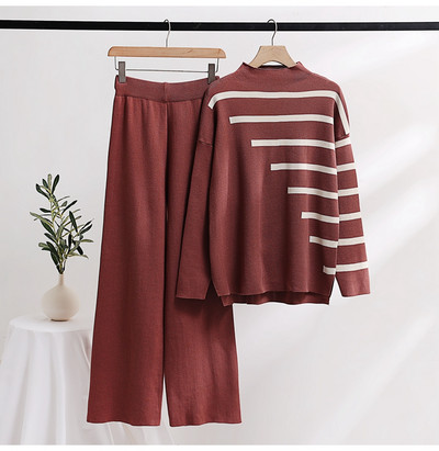 Tricotat Două Piese Femei Seturi Mâneci Lungi Loungewear Trening Tricotat Femei Set Două Piese Set 2 Piese Cu dungi Albe Tinuta Femei