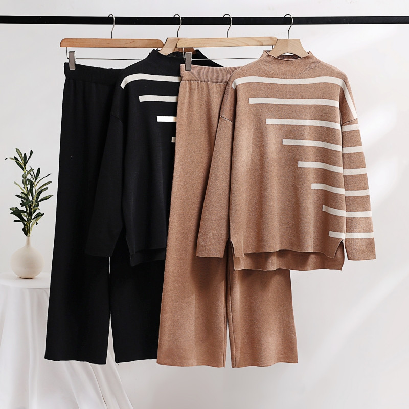 Tricotat Două Piese Femei Seturi Mâneci Lungi Loungewear Trening Tricotat Femei Set Două Piese Set 2 Piese Cu dungi Albe Tinuta Femei