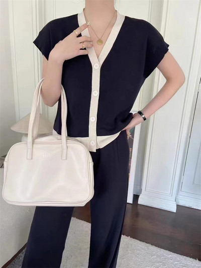 Vară cu decolteu în V fără mâneci Top tricotat cu un singur piept + pantaloni largi Set două piese Femei Nou coreeană Loose Hit Color Seturi tricotate