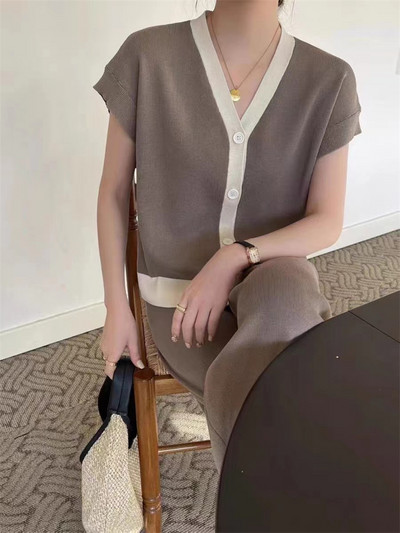 Vară cu decolteu în V fără mâneci Top tricotat cu un singur piept + pantaloni largi Set două piese Femei Nou coreeană Loose Hit Color Seturi tricotate