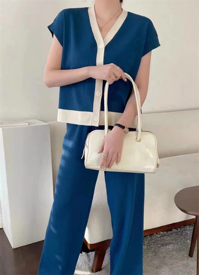 Vară cu decolteu în V fără mâneci Top tricotat cu un singur piept + pantaloni largi Set două piese Femei Nou coreeană Loose Hit Color Seturi tricotate