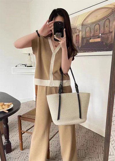 Vară cu decolteu în V fără mâneci Top tricotat cu un singur piept + pantaloni largi Set două piese Femei Nou coreeană Loose Hit Color Seturi tricotate