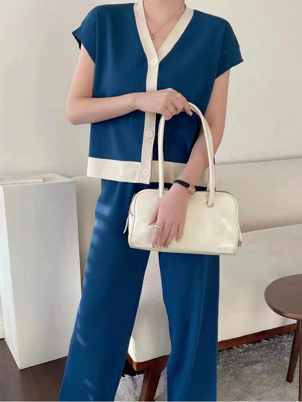 Vară cu decolteu în V fără mâneci Top tricotat cu un singur piept + pantaloni largi Set două piese Femei Nou coreeană Loose Hit Color Seturi tricotate