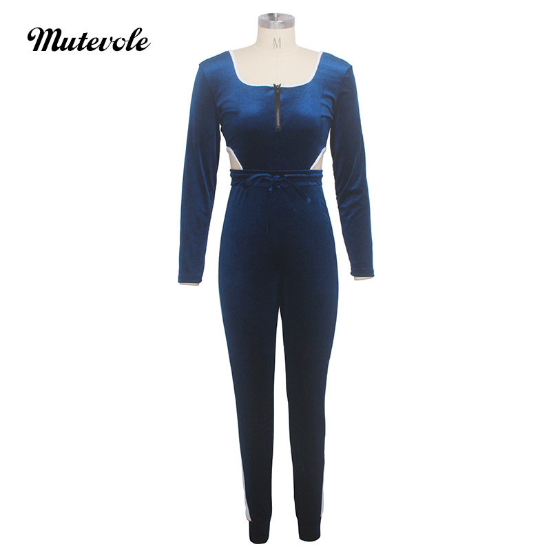 Mutevole Ženski seksi patchwork kombinezon za fitness Jesenski kombinezon dugih rukava od baršuna Ležerni uski kombinezon s patentnim zatvaračem