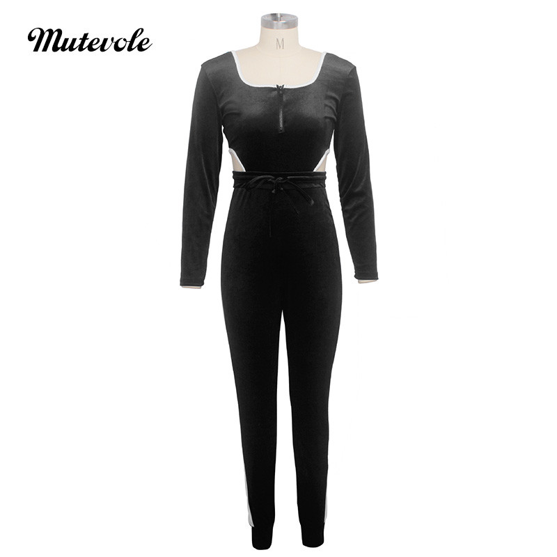 Mutevole Ženski seksi patchwork kombinezon za fitness Jesenski kombinezon dugih rukava od baršuna Ležerni uski kombinezon s patentnim zatvaračem