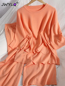 Korejski pulover s O-izrezom i polu-rukavima s bočnim prorezima Top+hlače širokih nogavica Pleteni ženski dvodijelni kompleti Jednobojna široka ženska trenirka