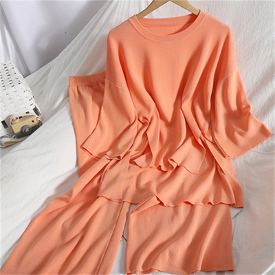 Korejski pulover s O-izrezom i polu-rukavima s bočnim prorezima Top+hlače širokih nogavica Pleteni ženski dvodijelni kompleti Jednobojna široka ženska trenirka