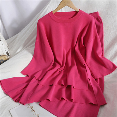 Korejski pulover s O-izrezom i polu-rukavima s bočnim prorezima Top+hlače širokih nogavica Pleteni ženski dvodijelni kompleti Jednobojna široka ženska trenirka