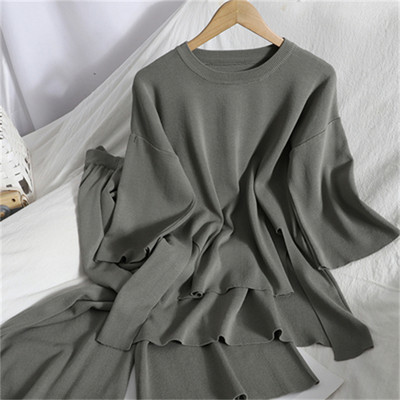 Korejski pulover s O-izrezom i polu-rukavima s bočnim prorezima Top+hlače širokih nogavica Pleteni ženski dvodijelni kompleti Jednobojna široka ženska trenirka