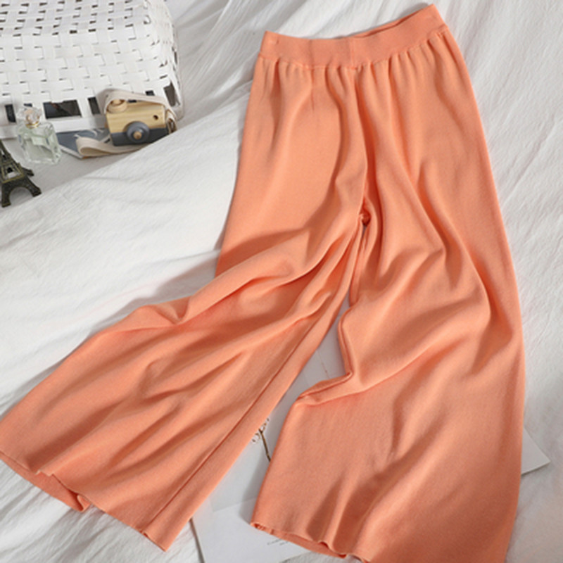 Korejski pulover s O-izrezom i polu-rukavima s bočnim prorezima Top+hlače širokih nogavica Pleteni ženski dvodijelni kompleti Jednobojna široka ženska trenirka