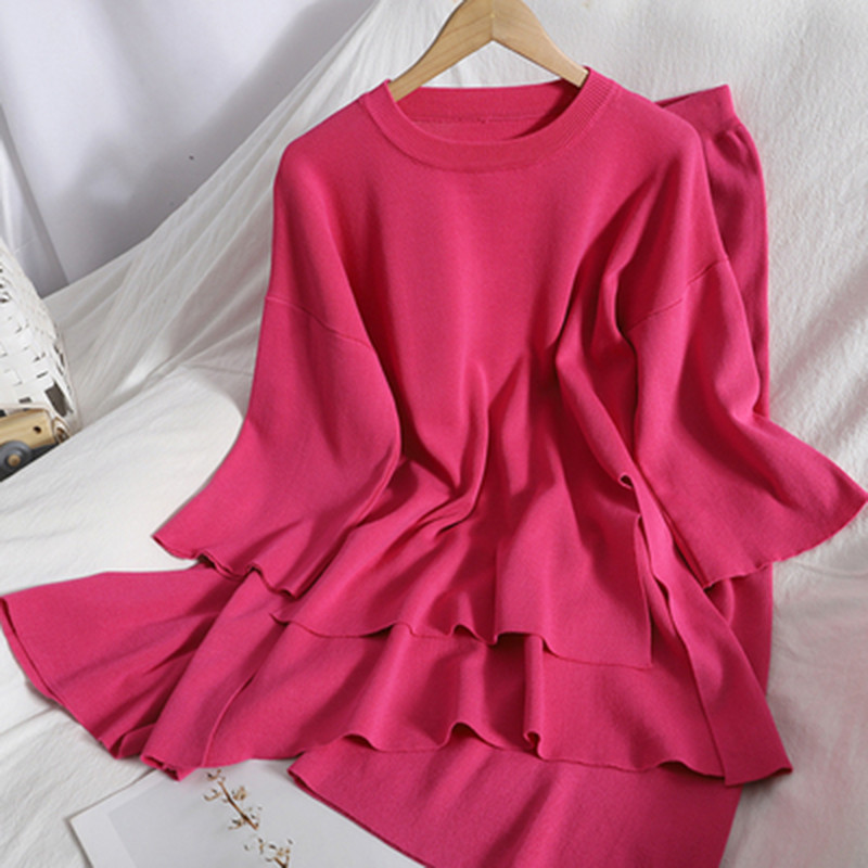 Korejski pulover s O-izrezom i polu-rukavima s bočnim prorezima Top+hlače širokih nogavica Pleteni ženski dvodijelni kompleti Jednobojna široka ženska trenirka