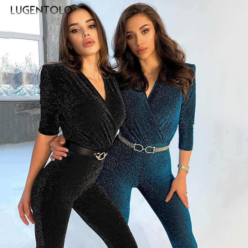 Salopetă Skinny Femei Nouă Primăvară Toamnă Deeo Decolteu în V Mătase strălucitoare înfășurată pe piept pentru umeri Jumătate cu mânecă Salopete lungi Lugentolo