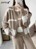 Set de trei piese pentru femei, toamnă iarnă, vestă fără mâneci, cardigan, pantaloni largi, cu dungi Seturi tricotate