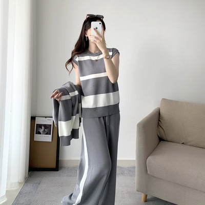 Set de trei piese pentru femei, toamnă iarnă, vestă fără mâneci, cardigan, pantaloni largi, cu dungi Seturi tricotate