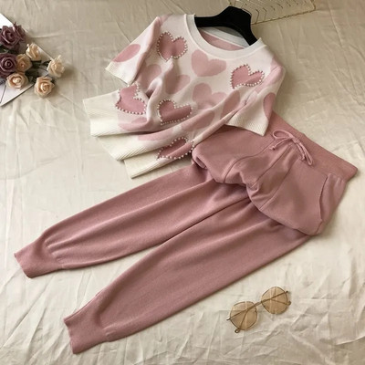 Set de 2 piese tricotat de primăvară vară pentru femei, cu imprimeu cu margele, cu mânecă scurtă, pulover, topuri + pantaloni, costum roz, trening casual