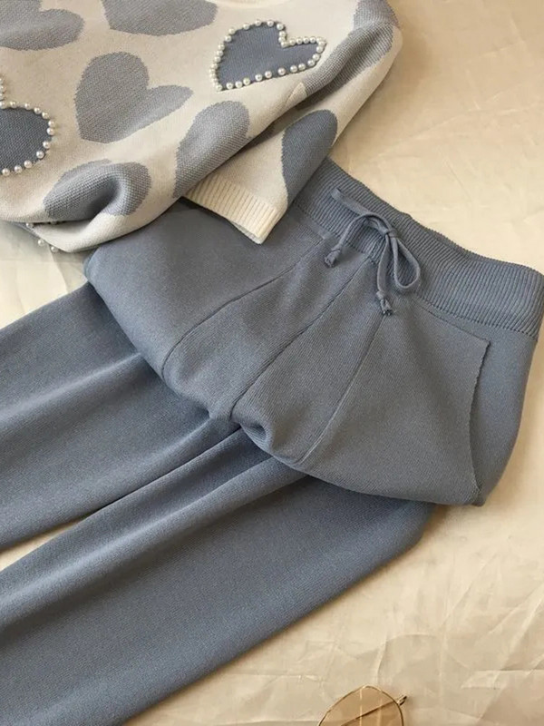 Set de 2 piese tricotat de primăvară vară pentru femei, cu imprimeu cu margele, cu mânecă scurtă, pulover, topuri + pantaloni, costum roz, trening casual