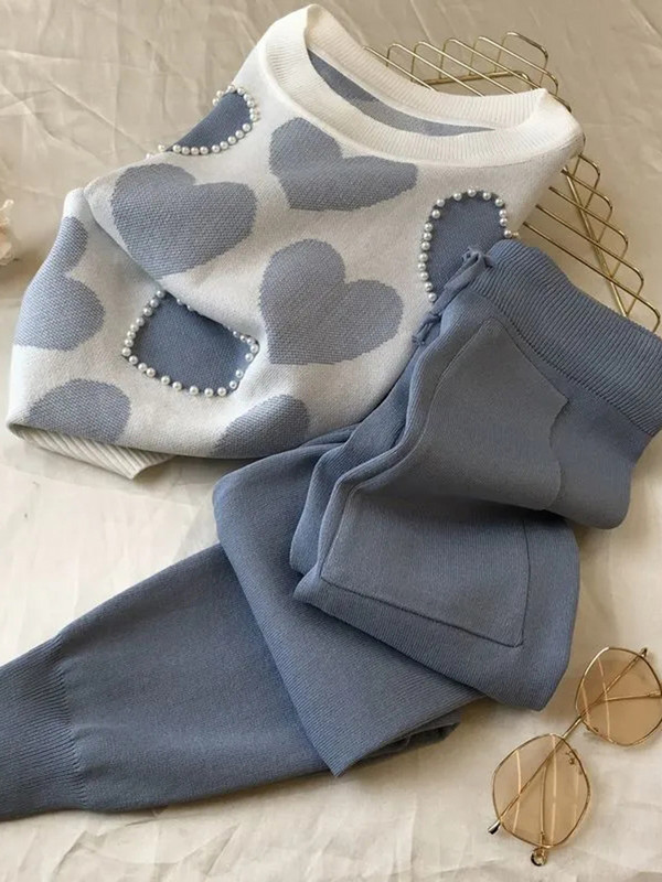 Set de 2 piese tricotat de primăvară vară pentru femei, cu imprimeu cu margele, cu mânecă scurtă, pulover, topuri + pantaloni, costum roz, trening casual