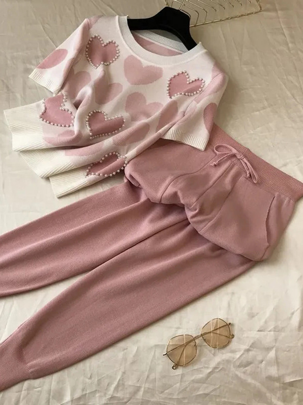 Set de 2 piese tricotat de primăvară vară pentru femei, cu imprimeu cu margele, cu mânecă scurtă, pulover, topuri + pantaloni, costum roz, trening casual