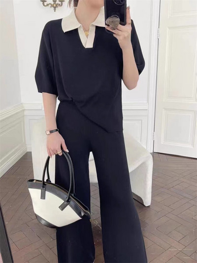 Moda coreeană Polo-gât Culoare Hit Pulover cu mânecă scurtă Top + pantaloni lați tricotați Seturi 2 piese Seturi de pantaloni subțiri de vară pentru femei