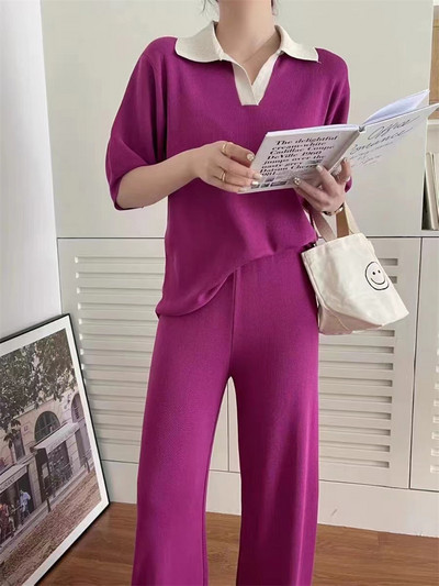 Moda coreeană Polo-gât Culoare Hit Pulover cu mânecă scurtă Top + pantaloni lați tricotați Seturi 2 piese Seturi de pantaloni subțiri de vară pentru femei