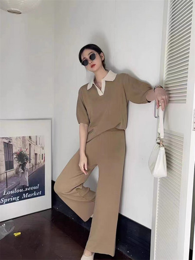 Moda coreeană Polo-gât Culoare Hit Pulover cu mânecă scurtă Top + pantaloni lați tricotați Seturi 2 piese Seturi de pantaloni subțiri de vară pentru femei