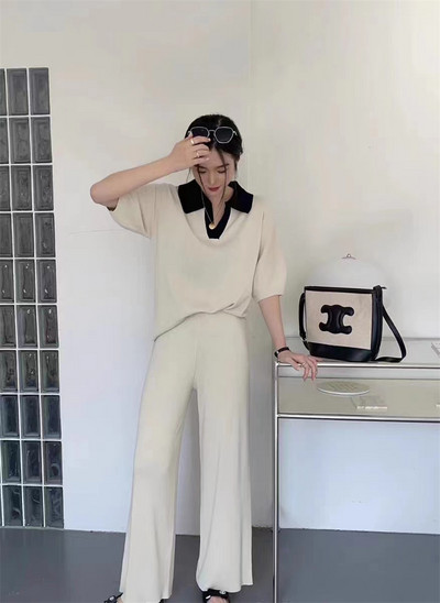 Moda coreeană Polo-gât Culoare Hit Pulover cu mânecă scurtă Top + pantaloni lați tricotați Seturi 2 piese Seturi de pantaloni subțiri de vară pentru femei