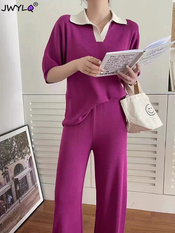 Moda coreeană Polo-gât Culoare Hit Pulover cu mânecă scurtă Top + pantaloni lați tricotați Seturi 2 piese Seturi de pantaloni subțiri de vară pentru femei