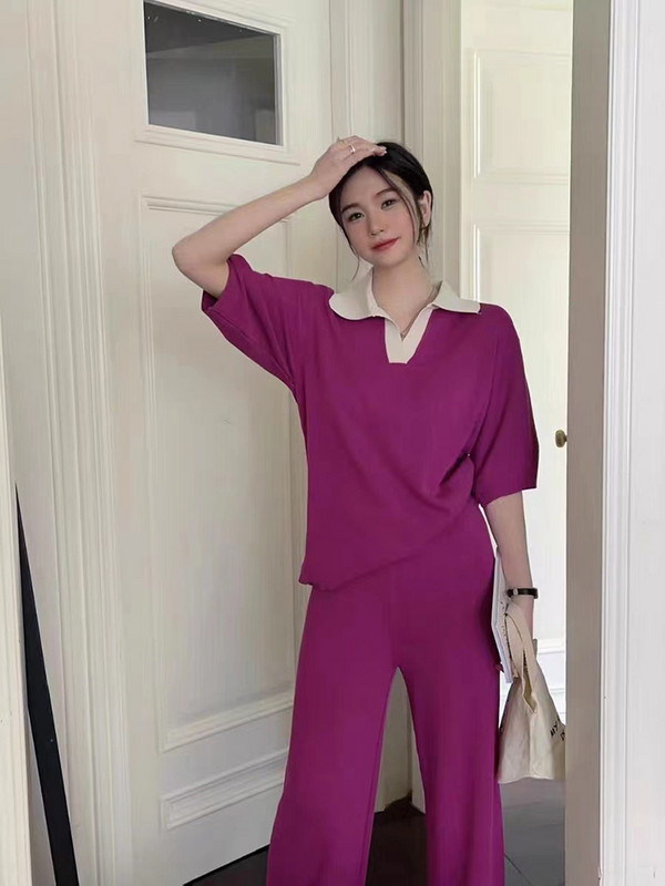Moda coreeană Polo-gât Culoare Hit Pulover cu mânecă scurtă Top + pantaloni lați tricotați Seturi 2 piese Seturi de pantaloni subțiri de vară pentru femei