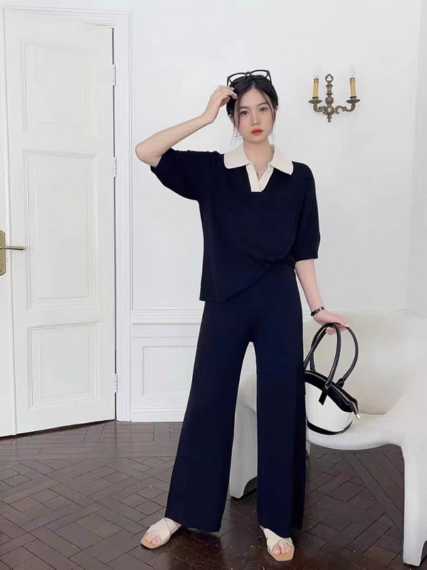 Moda coreeană Polo-gât Culoare Hit Pulover cu mânecă scurtă Top + pantaloni lați tricotați Seturi 2 piese Seturi de pantaloni subțiri de vară pentru femei