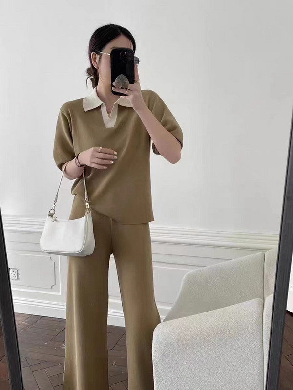 Moda coreeană Polo-gât Culoare Hit Pulover cu mânecă scurtă Top + pantaloni lați tricotați Seturi 2 piese Seturi de pantaloni subțiri de vară pentru femei