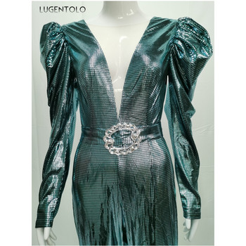 Γυναικεία ολόσωμη φόρμα άνοιξη φθινόπωρο casual με μακρυμάνικο V-λαιμόκοψη Γυναικείες πούλιες στο πλάι Solid Fashion Μακριές φόρμες Lugentolo