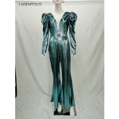 Ženski kombinezon Proljeće Jesen Ležerni dugi rukavi V-izrez Ženski jednobojni jednobojni modni dugi kombinezoni sa šljokicama Lugentolo