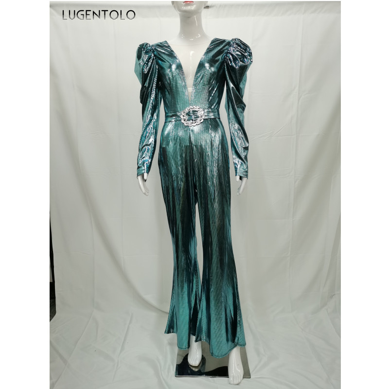 Ženski kombinezon Proljeće Jesen Ležerni dugi rukavi V-izrez Ženski jednobojni jednobojni modni dugi kombinezoni sa šljokicama Lugentolo