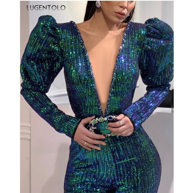 Ženski kombinezon Proljeće Jesen Ležerni dugi rukavi V-izrez Ženski jednobojni jednobojni modni dugi kombinezoni sa šljokicama Lugentolo