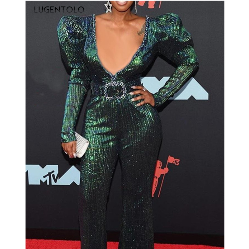 Ženski kombinezon Proljeće Jesen Ležerni dugi rukavi V-izrez Ženski jednobojni jednobojni modni dugi kombinezoni sa šljokicama Lugentolo