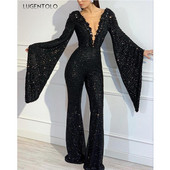 Γυναικεία ολόσωμη φόρμα παγιέτα Κομψή casual με λαιμόκοψη V γυναικεία μανίκια γυναικεία μαύρα ίσια παντελόνια καθημερινά Lugentolo