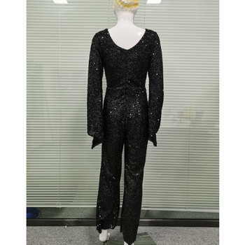 Дамски гащеризон с пайети Елегантен ежедневен женски черен плътен прав моден ежедневен панталон с V-образно деколте и прилеп ръкави Lugentolo