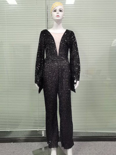 Γυναικεία ολόσωμη φόρμα παγιέτα Κομψή casual με λαιμόκοψη V γυναικεία μανίκια γυναικεία μαύρα ίσια παντελόνια καθημερινά Lugentolo