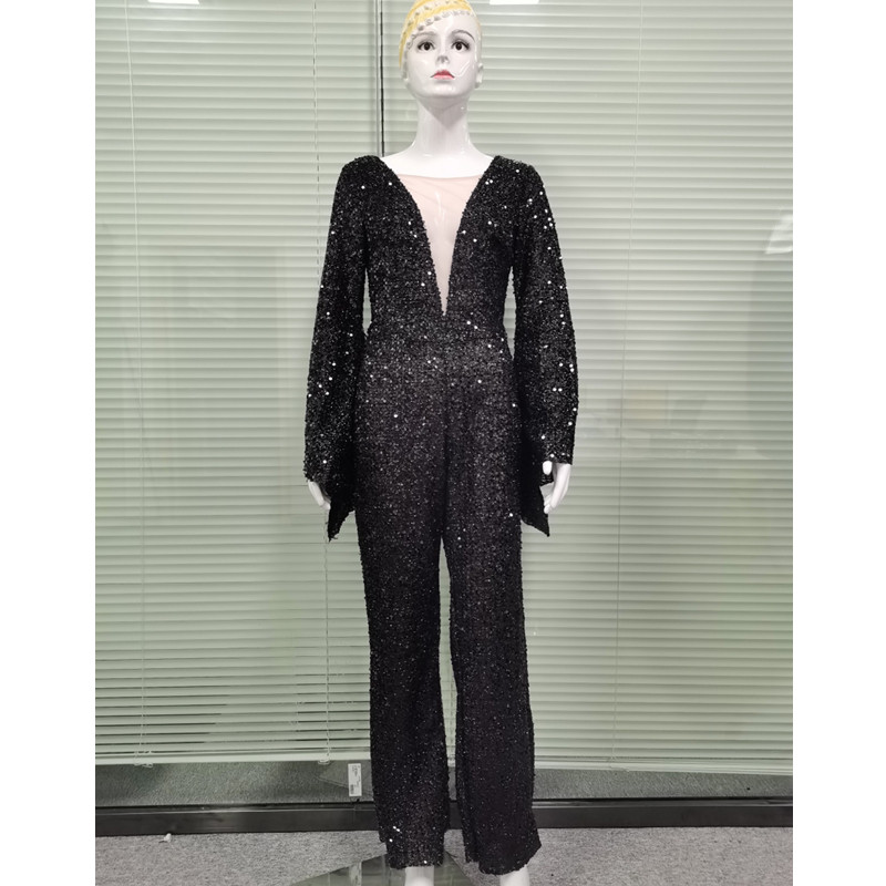 Γυναικεία ολόσωμη φόρμα παγιέτα Κομψή casual με λαιμόκοψη V γυναικεία μανίκια γυναικεία μαύρα ίσια παντελόνια καθημερινά Lugentolo