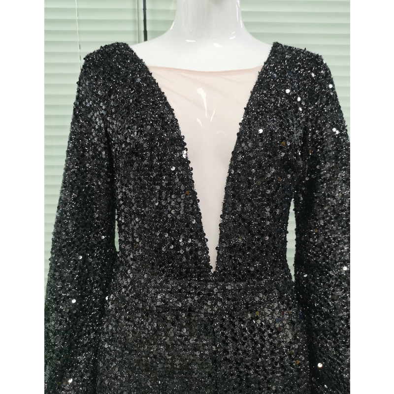 Γυναικεία ολόσωμη φόρμα παγιέτα Κομψή casual με λαιμόκοψη V γυναικεία μανίκια γυναικεία μαύρα ίσια παντελόνια καθημερινά Lugentolo