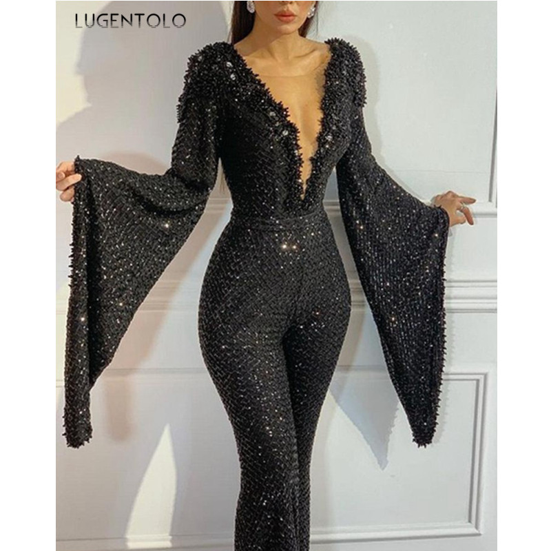 Γυναικεία ολόσωμη φόρμα παγιέτα Κομψή casual με λαιμόκοψη V γυναικεία μανίκια γυναικεία μαύρα ίσια παντελόνια καθημερινά Lugentolo