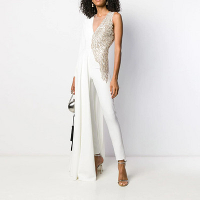 Elegantni ženski kombinezon, tanak, seksi, duboki v-izrez, ravni ženski dugi kombinezoni s jednim ramenom i rukavima Lugentolo