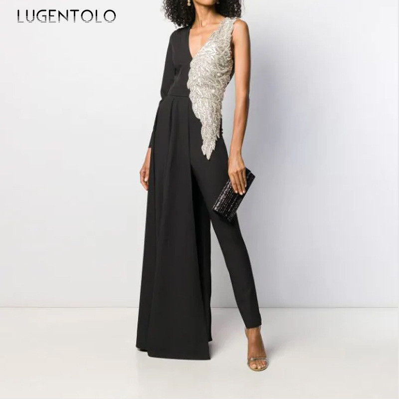 Elegantni ženski kombinezon, tanak, seksi, duboki v-izrez, ravni ženski dugi kombinezoni s jednim ramenom i rukavima Lugentolo